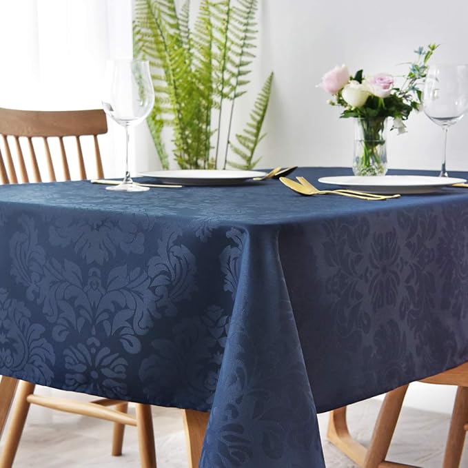 Jacquard Table Cloth Damask Pattern Spillproof Wrinkle Resistant Heavy Weight Soft Tablecloth for Kitchen Dinning Tabletop Outdoor Picnic Rectangle 52 x 70 Inch Navy Blue