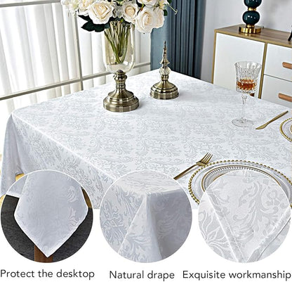 Rectangle Table Cloth - 60 x 120 Inch White Jacquard Tablecloths Damask Design Spillproof Wrinkle Resistant Shrinkproof Soft Tablecloth Polyester Oblong Table Cover for Kitchen Dinning Party Tabletop