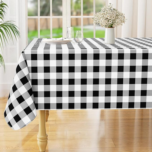 Buffalo Flannel Backed Tablecloth, Wipeable Plastic Table Cover for Dinner, Kitchen, Outdoor (60" x 84", Black and White)