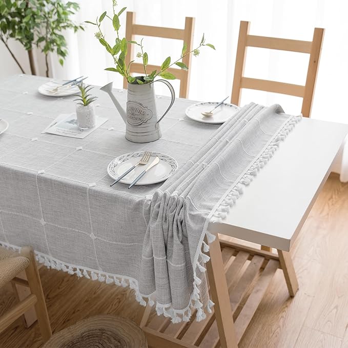 Cotton Linen Rectangular Table Cloth, Wrinkle Resistant, Waterproof Tablecloth, Washable Farmhouse Table Cover with Tassels for Kitchen Dining Party, 55''x70'', 4-6 Seats, Grey