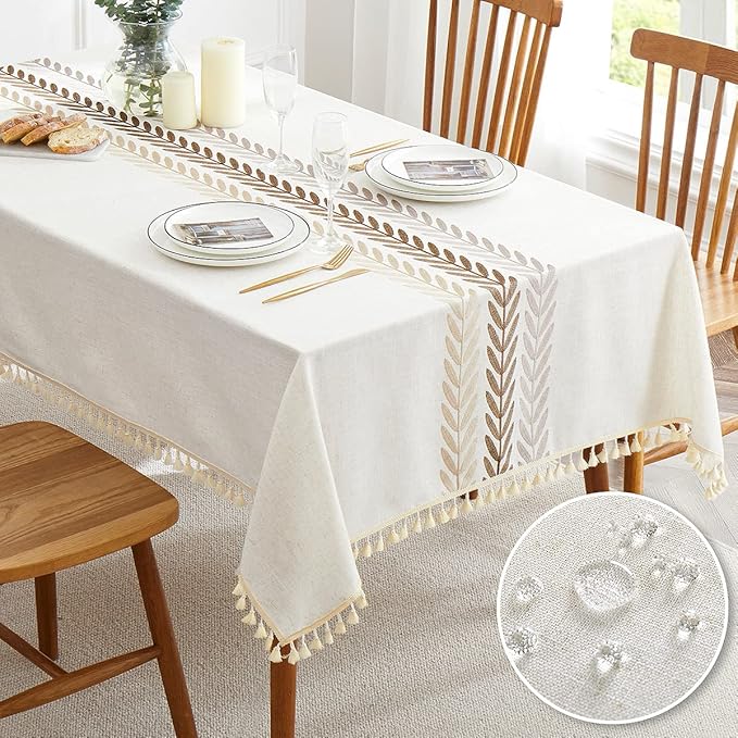 Embroidered Tablecloth for Dining Table,Dust Proof Spillproof Soil Resistant Cotton Linen Rectangle Table Cloths (Coffee Wheat, Rectangle/Oblong, 55'x70'', 4-6 Seats)