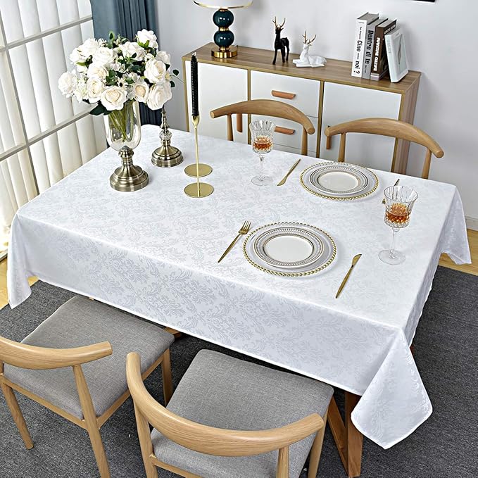 Rectangle Table Cloth - 60 x 120 Inch White Jacquard Tablecloths Damask Design Spillproof Wrinkle Resistant Shrinkproof Soft Tablecloth Polyester Oblong Table Cover for Kitchen Dinning Party Tabletop